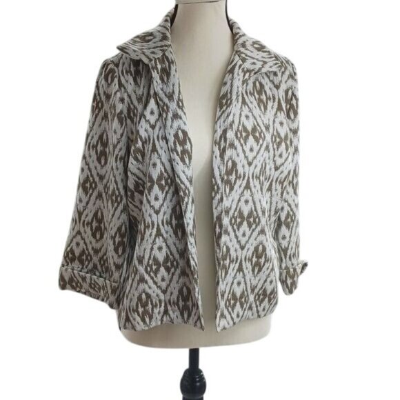 Chicos Womens Size XS Brown White Ikat Print Open Front Jacket 3/4 Sleeve Blazer - Picture 1 of 7
